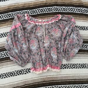 Women's Vintage 70s Leo New York Pink Paisley Lace Peasant Blouse Top Shirt Sz M